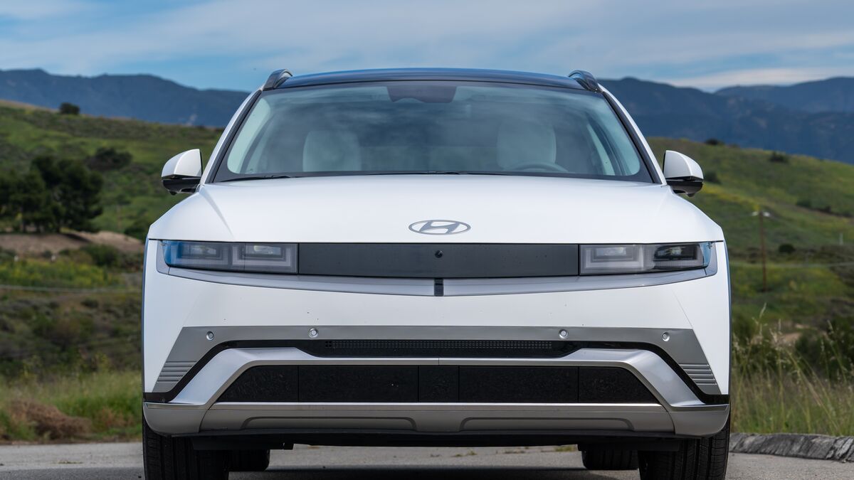 Hyundai Ioniq 5 front view against a hilly backdrop