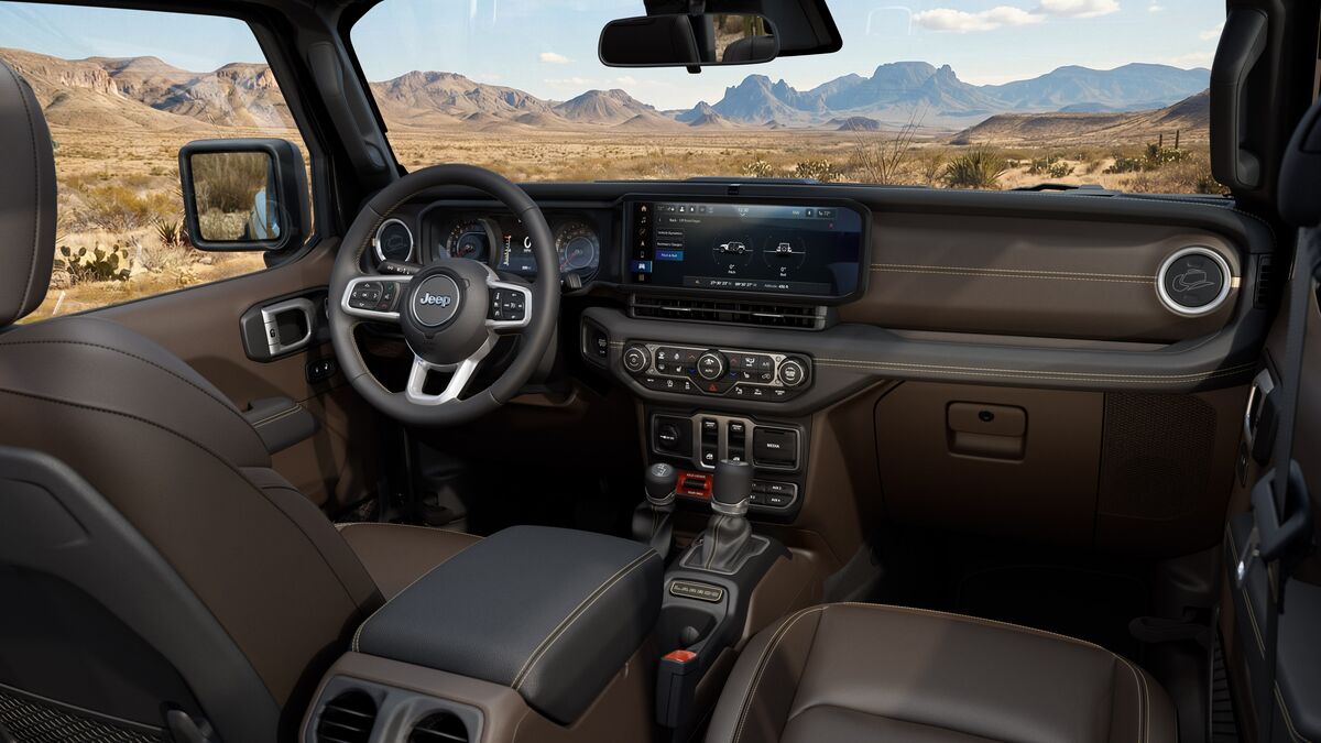 2027 Jeep Wrangler Laredo view from inside cabin looking at mountains.