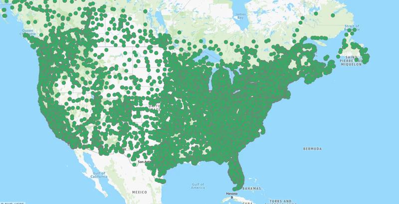 Map of public charging stations in the United States and Canada.