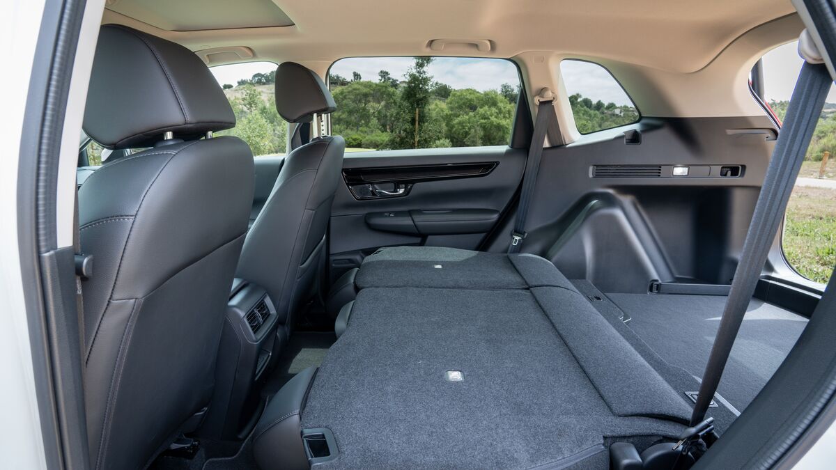 2026 Honda CR-V interior view of the cargo area with the second seat row folded, taken from the left-side passenger door