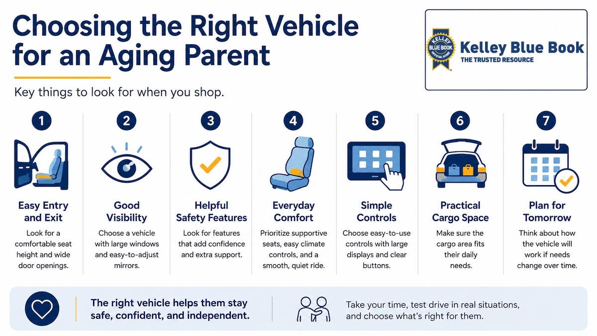 Graphic showing key thins to look for when car shopping for an aging driver, including ease of entry, visibility, safety features, comfort, simple controls, and practical cargo space.