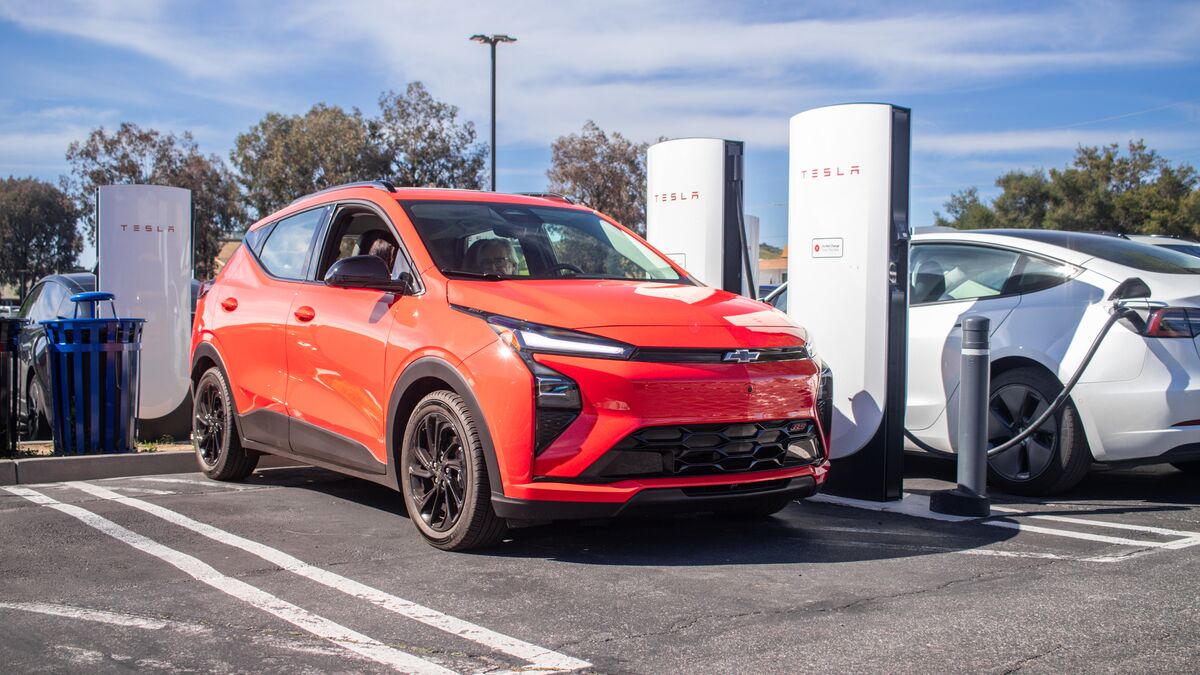 Chevy Bolt charging at Tesla Supercharger