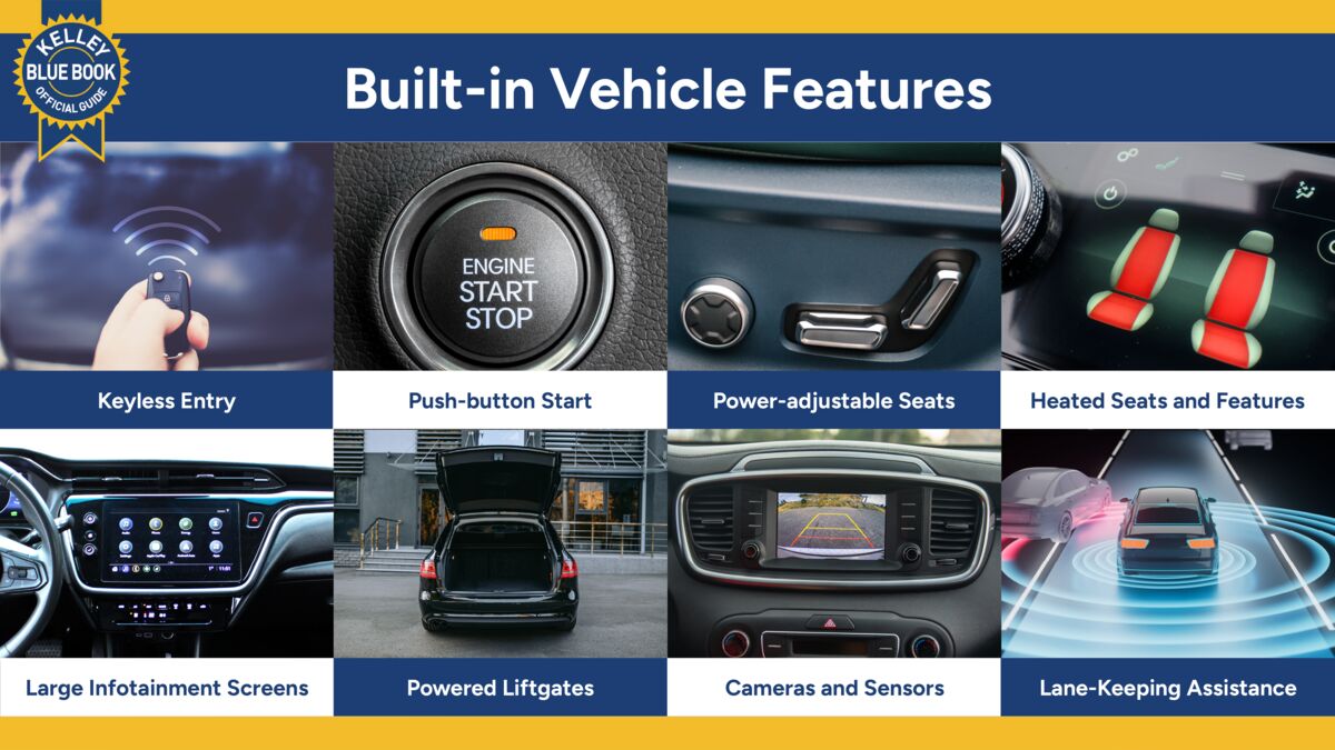Built-in vehicle features, including keyless entry, push-button start, power seats, and more.
