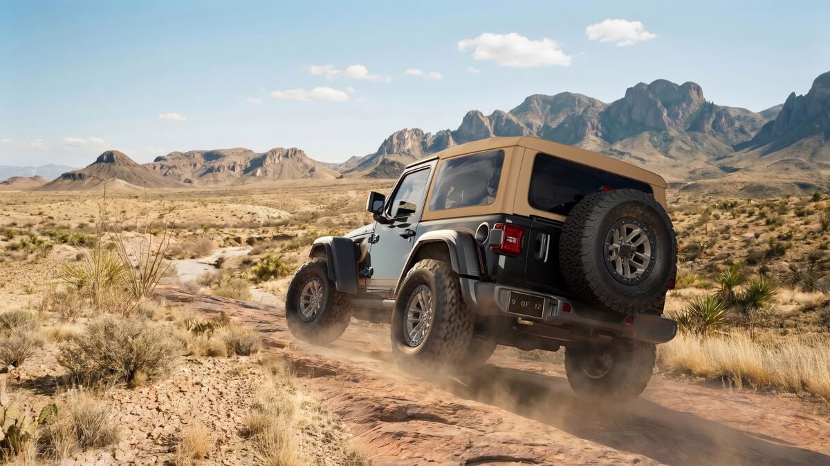 2027 Jeep Wrangler Laredo two door on a desert road near mountains.