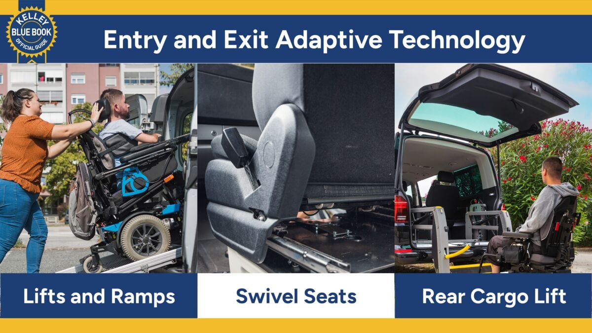 Entry and exit adaptive technology, including lifts and ramps, swivel seats, and rear cargo lifts.