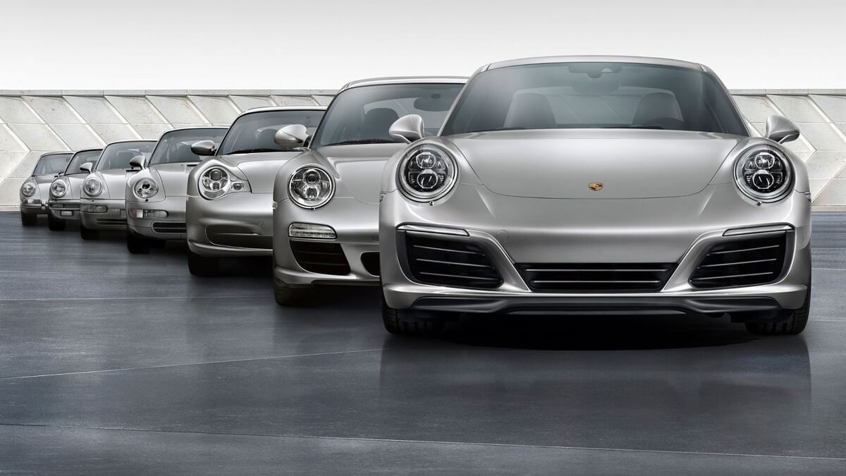 Seven generations of Porsche 911 cars.
