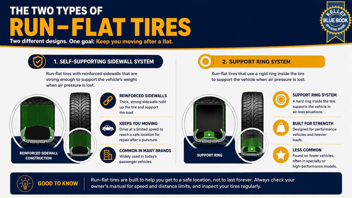 Graphic outlining the differences between the two types of run-flat tires: self-supporting and support ring.