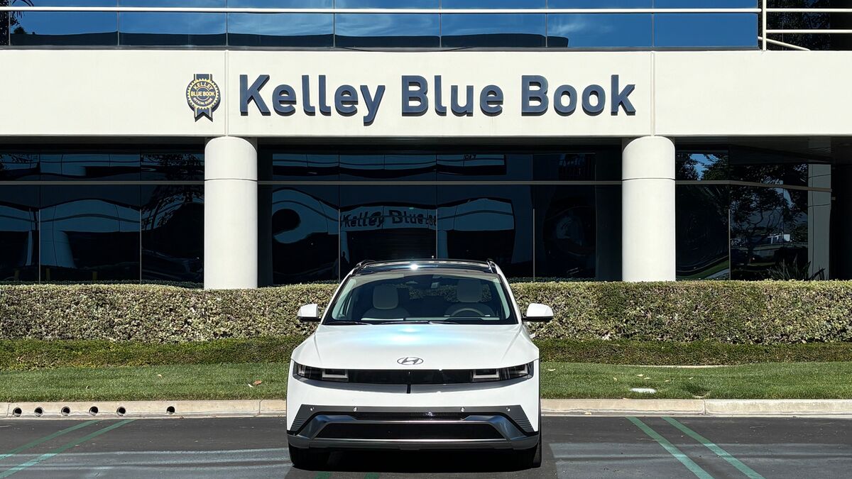 A head-on view of the 2026 Hyundai Ioniq 5 parked at the Kelly Blue Book Irvine headquarters