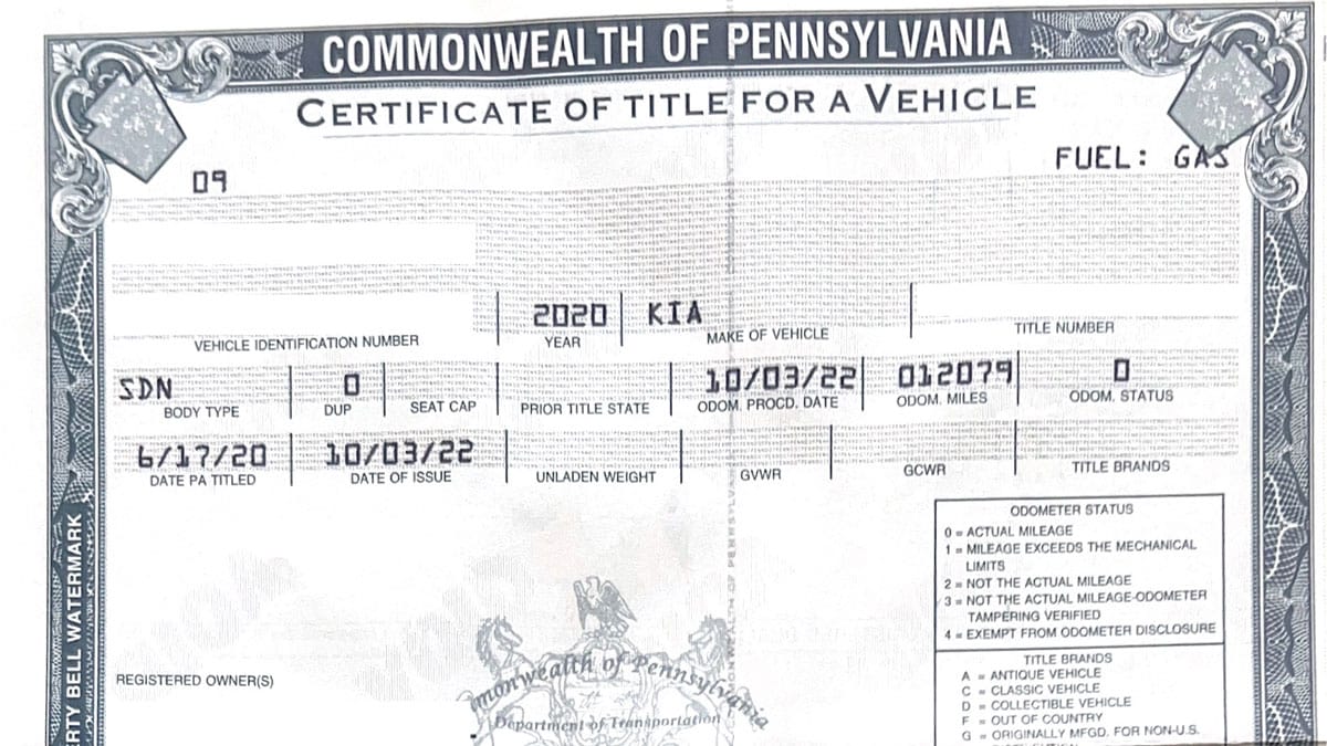 Car title image from Pennsylvania