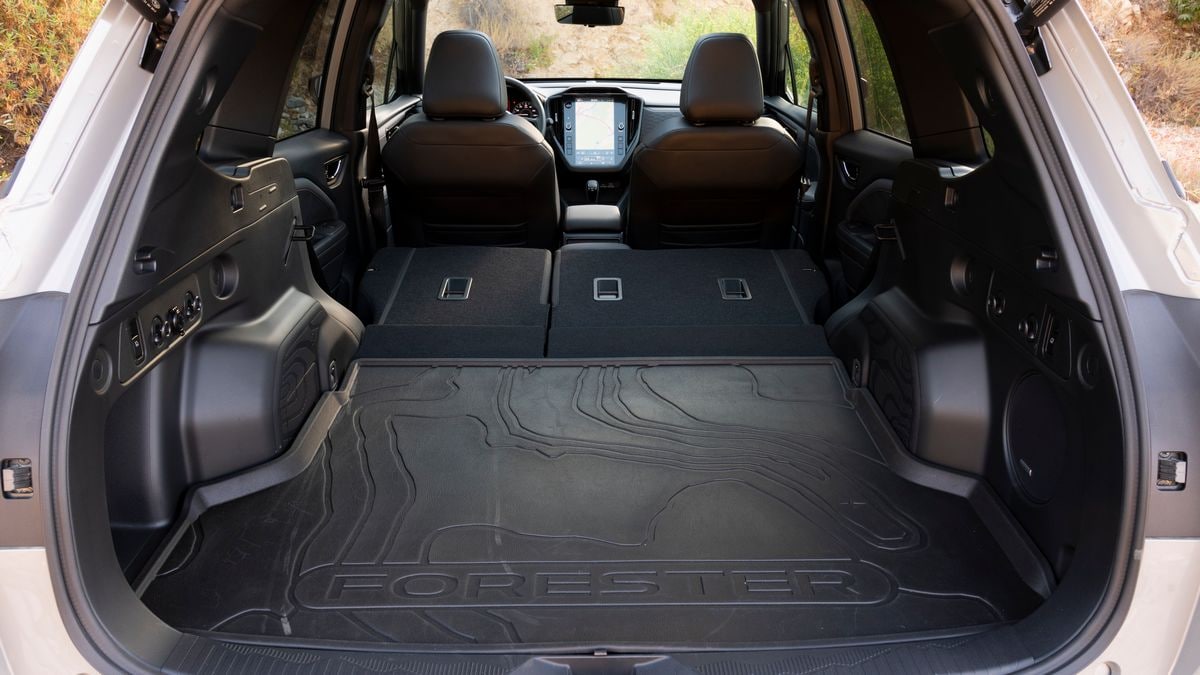2025 Subaru Forester cargo area with seats folded.