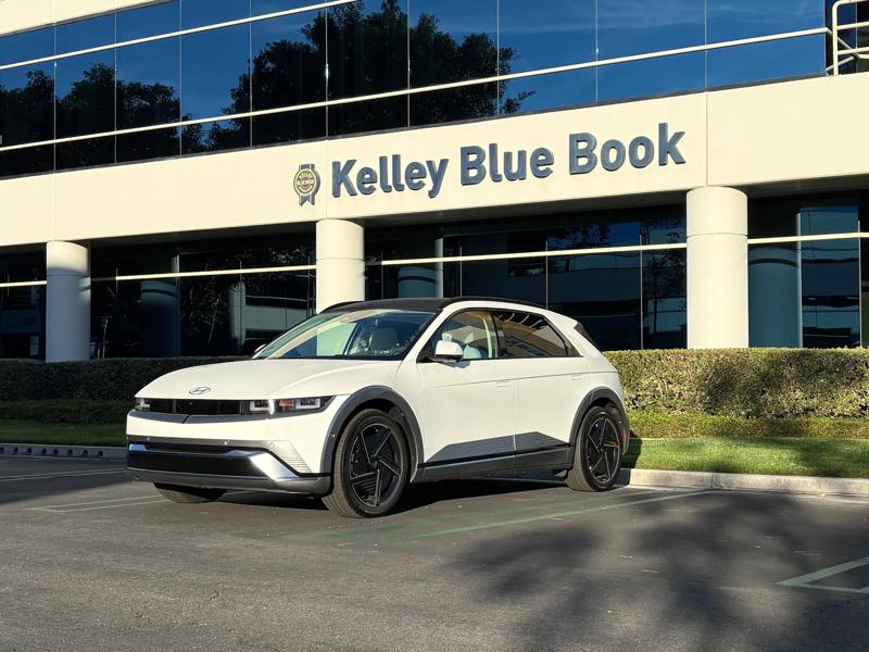 A left front 3/4 view of the 2026 Hyundai Ioniq 5 parked at the Kelly Blue Book Irvine headquarters