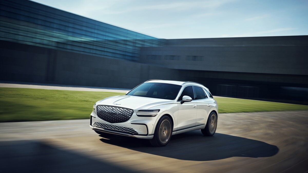 The 2026 Genesis GV70 Electrified seen from a front quarter angle