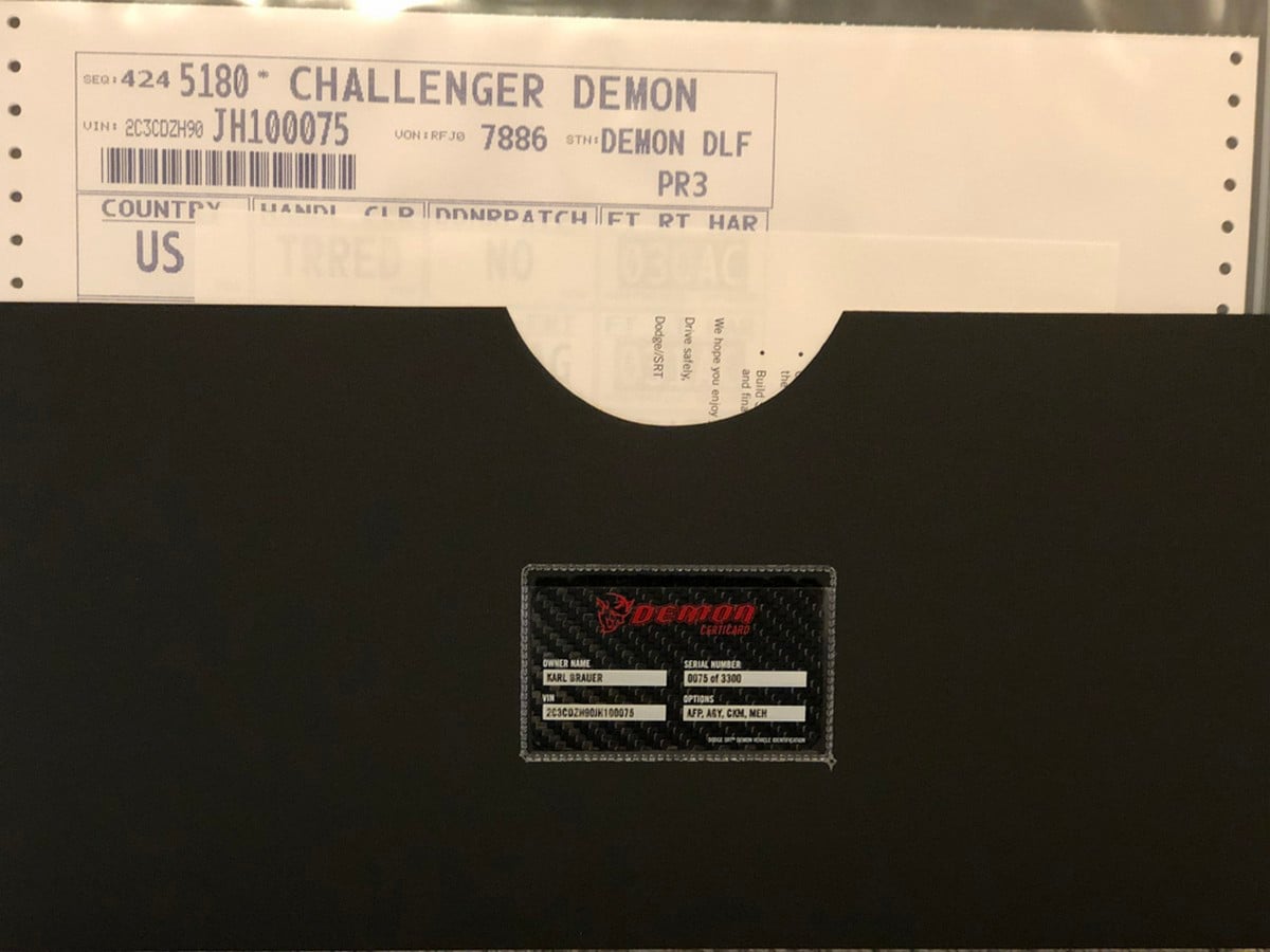 2018 Dodge Challenger SRT Demon Build Sheets