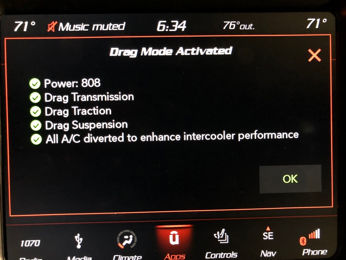 2018 Dodge Challenger SRT Demon Drag Mode Screen