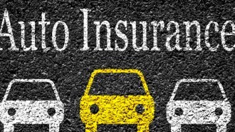 Graphic of auto insurance words and three cars