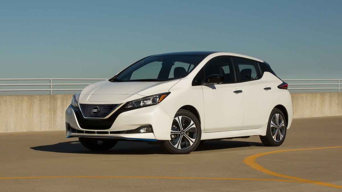 2020 Nissan Leaf in white.