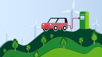 Earth Day Paper Cut Style. Electric Car Charging At The Charger Station In Nature.