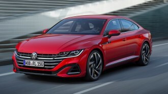 The 2022 Volkswagen Arteon in red, seen from a front quarter angle