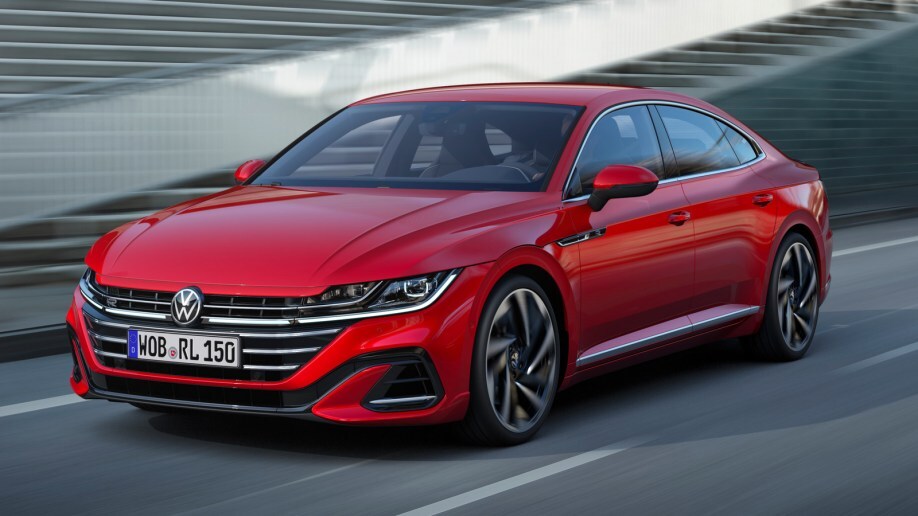 The 2022 Volkswagen Arteon in red, seen from a front quarter angle
