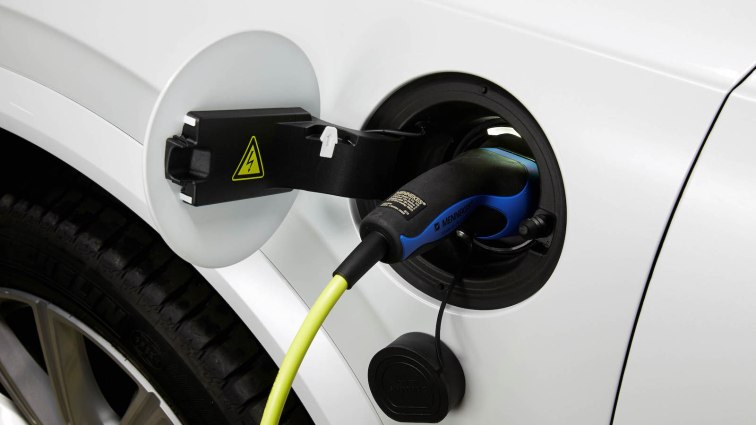 Close-up of the cable connection in the new Volvo XC90 T8 Twin Engine petrol plug-in hybrid in Tarragona, Spain