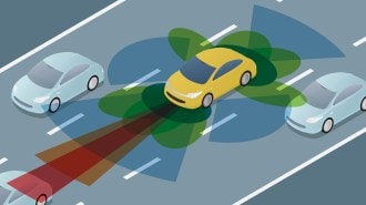 Autonomous Car Driving On Road And Sensing Systems, Driverless Car, Self Driving Vehicle