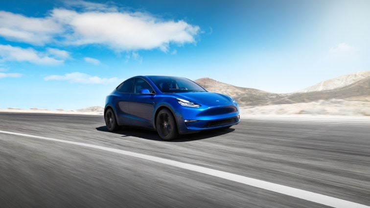 The Tesla Model Y seen from a front quarter angle