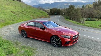 The 2019 Mercedes-AMG CLS-53 in red, seen from a front quarter angle