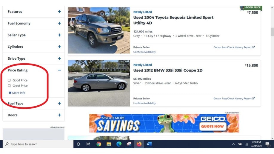 KBB price rating search for selling online