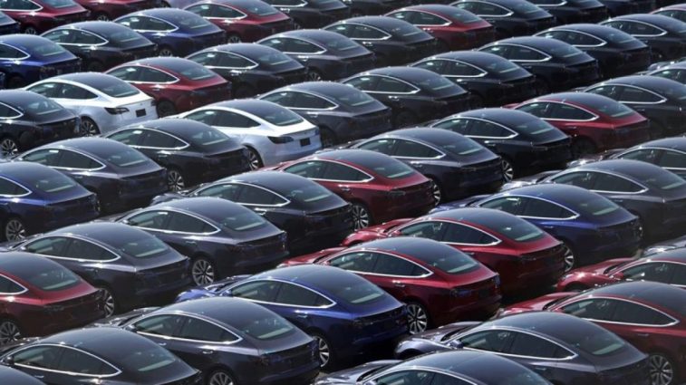 Tesla cars in a parking lot