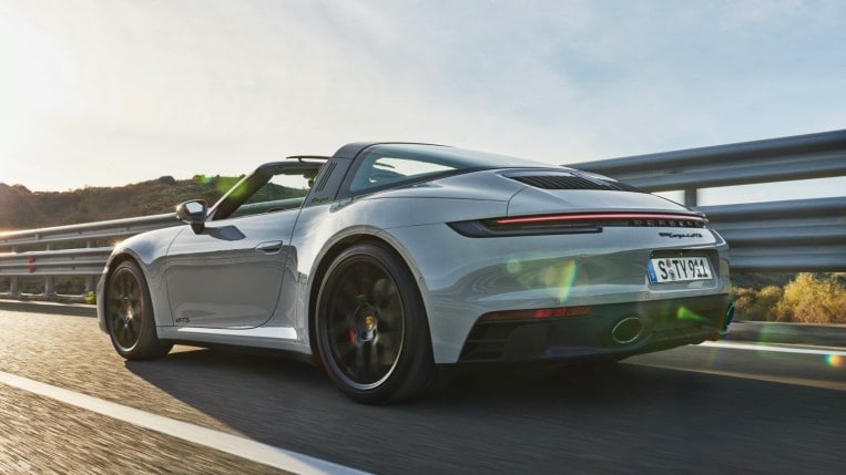 2022 Porsche 911 GTS Targa Driving Rear Three Quarter