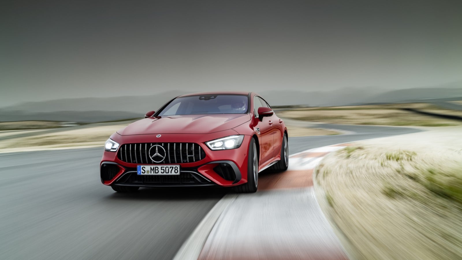 The 2022 Mercedes-AMG GT seen from a front quarter angle