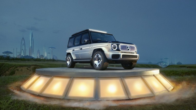 The Mercedes-Benz EQG concept car seen from a front quarter angle