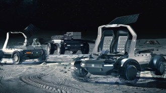 An artist's conception of Lockheed Martin/GM Lunar Terrain Vehicles on the moon