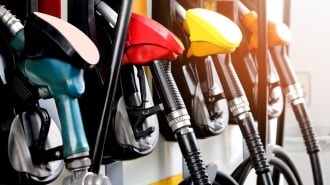 A row of gas pumps