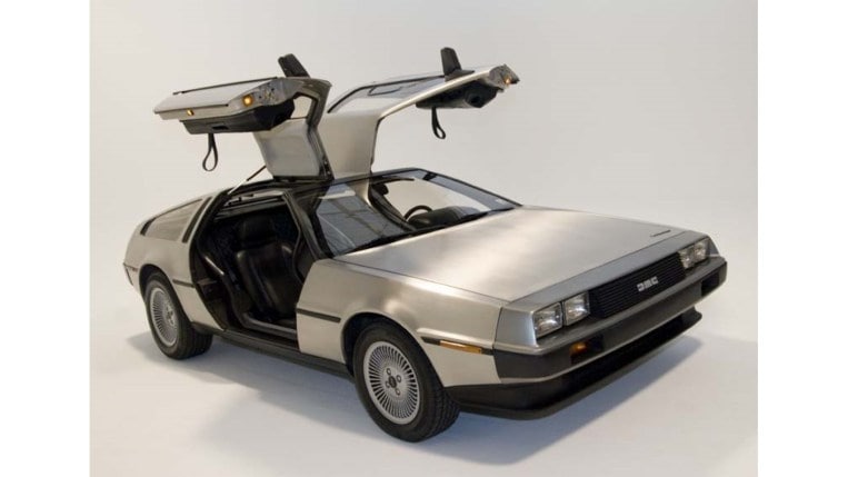 The 1982 DeLorean DMC-12 with its gullwing doors open