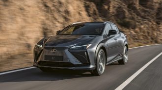 The 2023 Lexus RZ seen from a front quarter angle