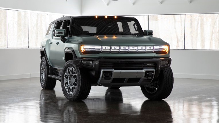 The 2023 GMC Hummer SUV seen from a front quarter angle