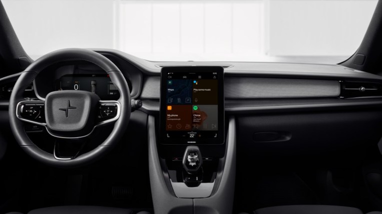 The cabin of the Polestar 2 features a huge portrait-oriented central touchscreen
