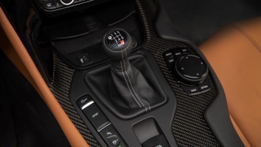 A closeup photo of the 6-speed shifter in the 2023 Toyota GR Supra.