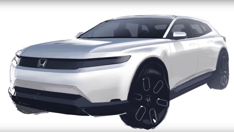 A design sketch of the 2024 Honda Prologue. It shows a smooth, minimalist design with tall shoulders and a low roof, over huge tires.