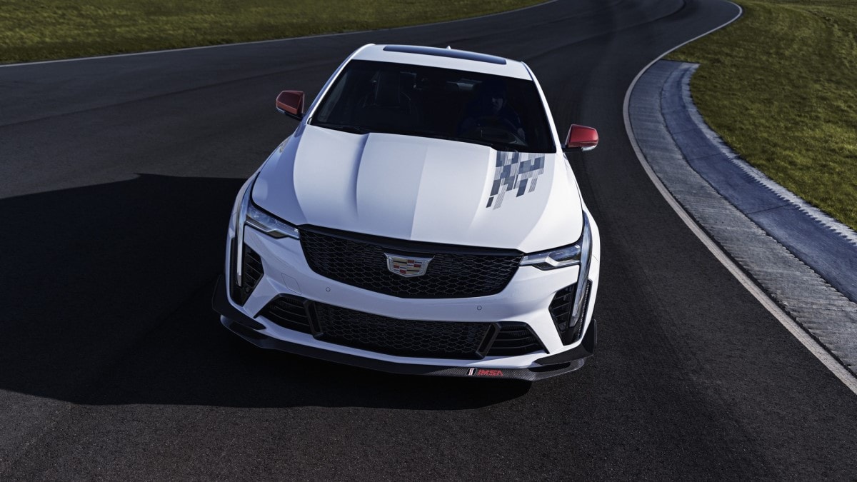 The Cadillac CT4-V Blackwing Track Edition Road Atlanta drives toward the camera head-on