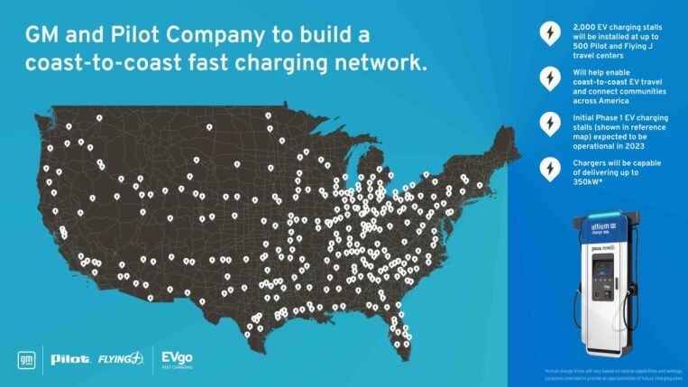 A map of the United States showing locations where the new GM-EVgo-Pilot-Flying-J partnership plans to build EV chargers. They are spread out across the interstate highway system and cover most of the 48 contiguous states.