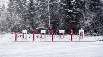 A row of four Tesla superchargers sits in the snow in front of a forest. They all sit unused.