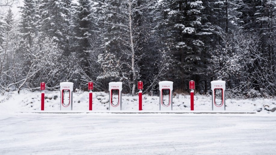 A row of four Tesla superchargers sits in the snow in front of a forest. They all sit unused.