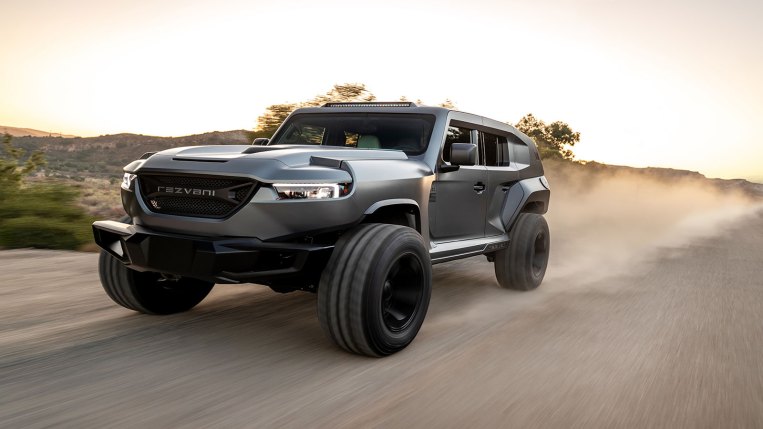 Rezvani Tank driving on dirt road