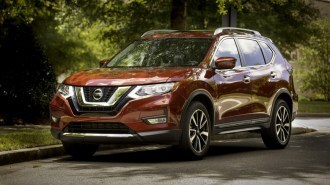 The 2019 Nissan Rogue Hybrid, seen from a front quarter angle.