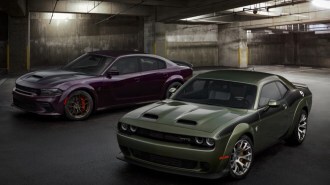 The Dodge Charger Jailbreak Edition in purple and Challenge Jailbreak Edition in green