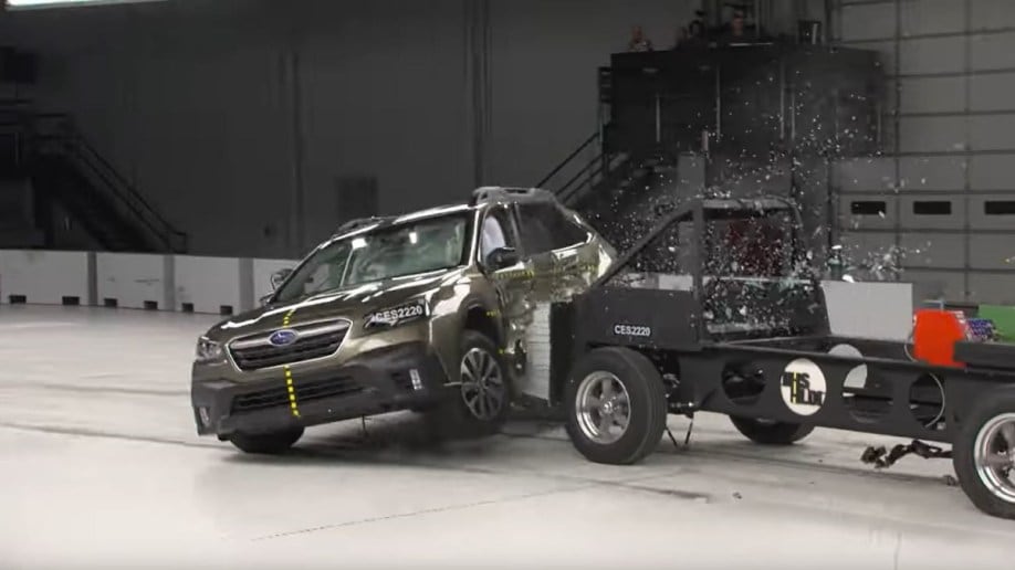 The 2022 Subaru Outback undergoes side-impact crash testing at an Insurance Institute for Highway Safety laboratory. We see the test sled crashing into the side of the Outback, which earned a score of "Good."