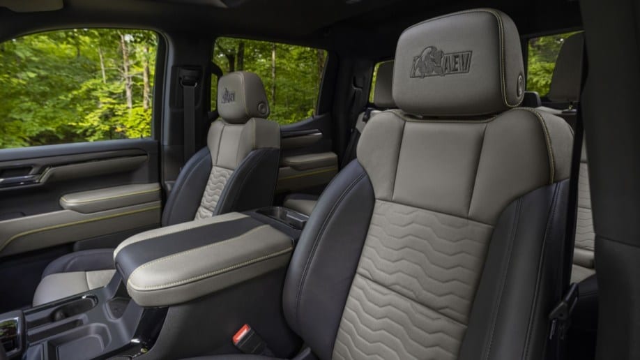 The seats of the 2023 Chevrolet Silverado ZR2 Bison are embossed with the American Expedition Vehicles logo