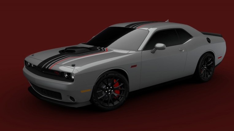 The 2023 Dodge Challenger Shakedown seen from a front quarter angle. The car is grey with three black stripes and one red stripe and a two-nostril shaker-style hood scoop